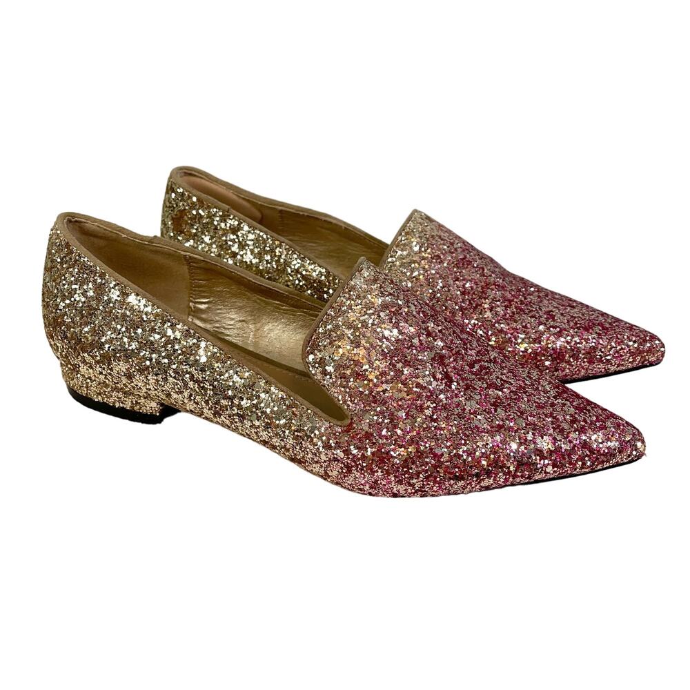 Shoedazzle Avery Pointed Slip On Shoes Glitter Flat Pink Gold Womens Size 6.5